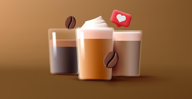 Vettore 3d render tazze da caffè in vetro con capuccino latte e caffè nero americano con simili