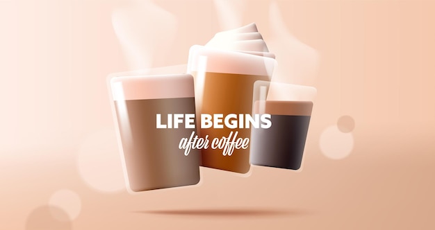 Vettore 3d rendono le tazze da caffè in vetro con capuccino latte e caffè nero americano