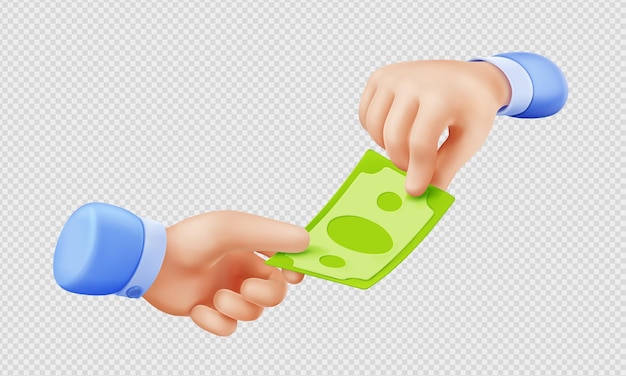 3d render hand giving money bill to another palm