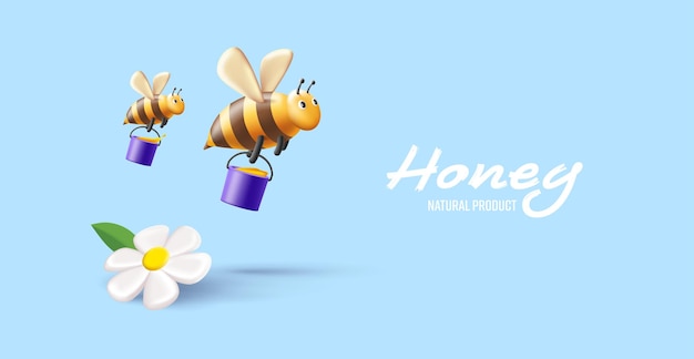 3d render illustration of bees flying with buckets of honey and flower healthy sweets delivery