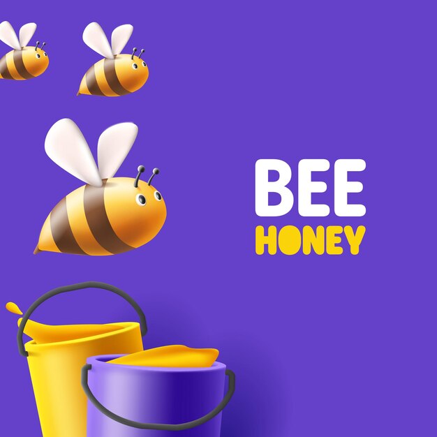 Illustrazione di rendering 3d di api stilizzate che volano con secchi di modello di banner di miele