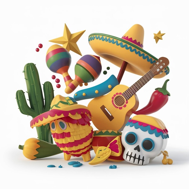 3D render illustration of various Mexican elements
