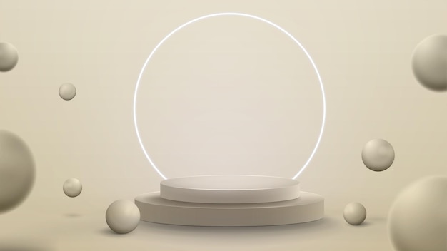 3d render illustration with abstract scene with neon white ring around podium. Abstract room with 3D spheres