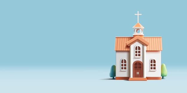 3d render kerk gebouw icoon witte gevel met struiken en bomen front view