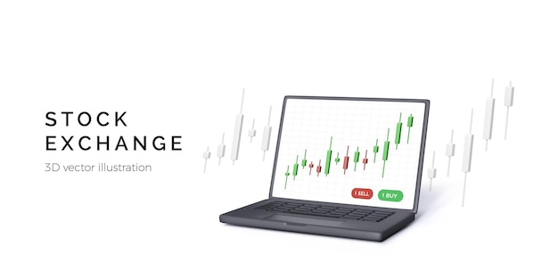 3D render laptop with candlestick chart on screen Stock exchange trading concept