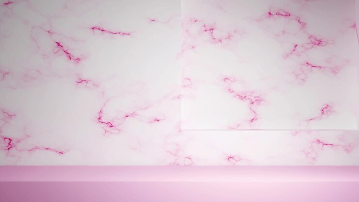 Vector 3d render light pink product showcase mockup with marble wall and display podium. stone textured bg