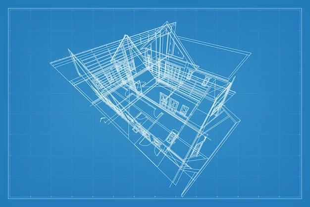 Вектор 3d рендеринг каркасной конструкции здания перспективный каркас дома