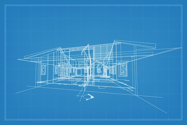 建物のワイヤー フレーム構造の 3 d レンダリング 家の遠近感のあるワイヤー フレーム