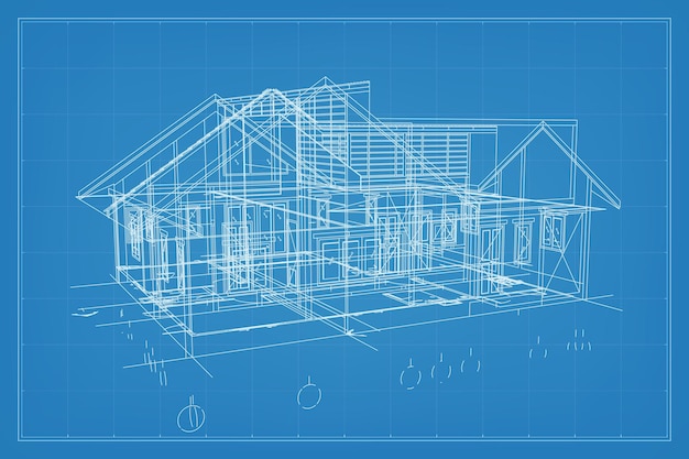 建物のワイヤー フレーム構造の 3 d レンダリング 家の遠近感のあるワイヤー フレーム