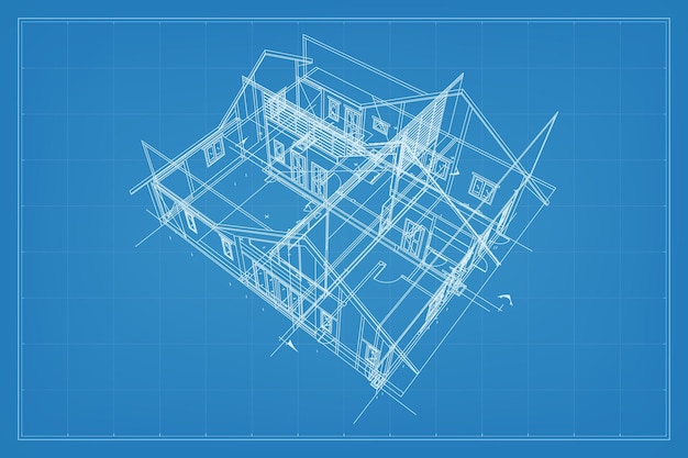 벡터 건물 와이어프레임 구조의 3d 렌더링 집의 관점 와이어프레임