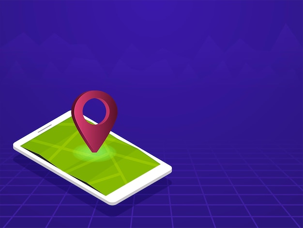 3d-рендеринг приложения gps-навигации на экране смартфона на фоне фиолетовой сетки