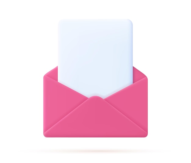3D визуализация открытого почтового конверта с иконкой бумажных документов на белом фоне. . Прочитать онлайн-сообщение. Реалистичная символьная коммуникация. Деловые новости и приглашения. Векторная иллюстрация