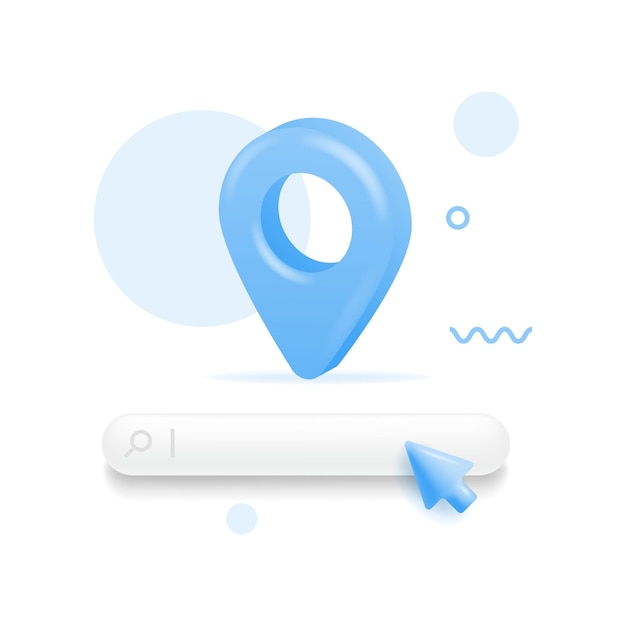 3d render pin pointer and Map location search GPS travel navigation concept and or internet search bar technology Paper map banner website Vector illustration