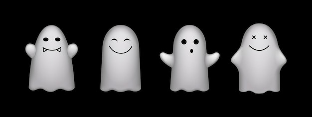 3D Render Set of cute ghosts and spirits on a black background for Halloween Cute ghosts for cards and banners flyers and icons Halloween Holiday Spirits Isolated 3d vector illustration