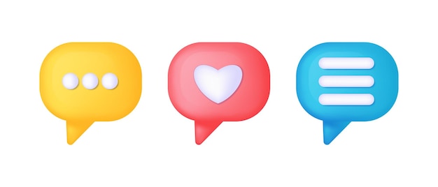 3d render speech bubble heart Social media like icon concept Comment and Like in yellow red and blue