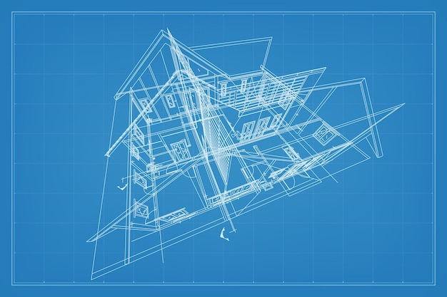 Vector 3d render van het bouwen van draadframe structuur perspectief draadframe van huis