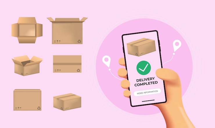 Vector 3d render voor online levering telefoonconcept snel reageren levering pakket verzending op mobiel met r