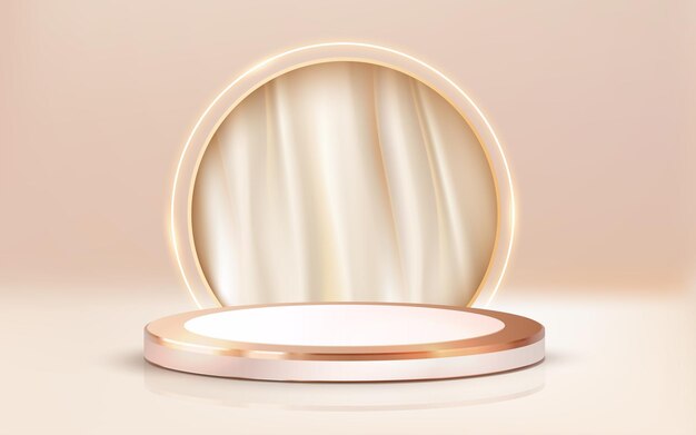 3d rendered luxury pastel gold round podium with white curtain cream showcase vector 3d cream background 201222