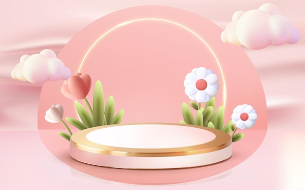 3dレンダリングされた豪華な表彰台のショーケースベクトルかわいい花と3d