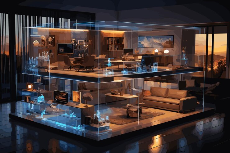 Vector 3d rendering artificial intelligence hotel work from home interior hotel of the future design