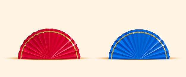 3d rendering Chinese style semicircle fan with red and blue color isolated on yellow background Both are decorated with golden lines close to the top edges