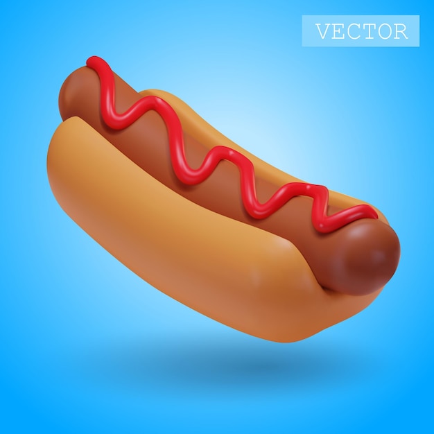 3D rendering of a hot dog with ketchup Fast food Fatty unhealthy unhealthy food Bright Illustration in cartoon plastic clay 3D style Isolated on a white background
