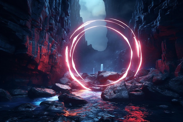 Vettore illustrazione 3d di rendering anello o cerchio luce al neon viola e rossa in mezzo al fumo tra le rocce