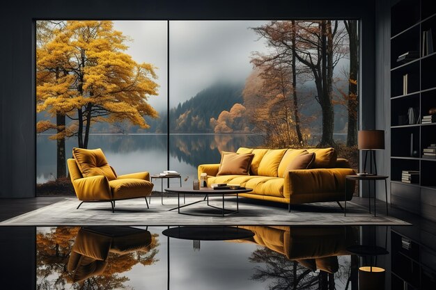 Vector 3d rendering living room with sofa near winter scene outside window