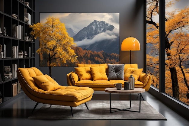 Vector 3d rendering living room with sofa near winter scene outside window