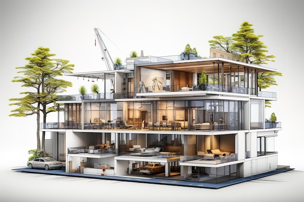 Vettore rendering 3d di una moderna casa accogliente con piscina e parcheggio in vendita o in affitto in stile lussuoso isolate