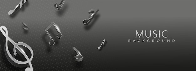 검은 점선 패턴 배경에 장식 된 3d 렌더링 음악 노트. 배너 또는 헤더 디자인.