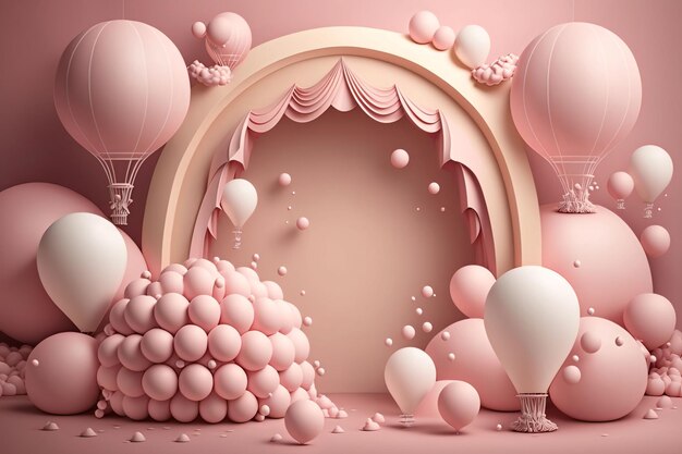 Vector 3d rendering of pink background with balloons and arch 3d illustration