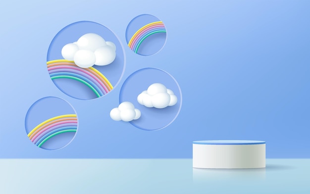 Podio di rendering 3d e scena cloud per l'esposizione di prodotti per bambini.