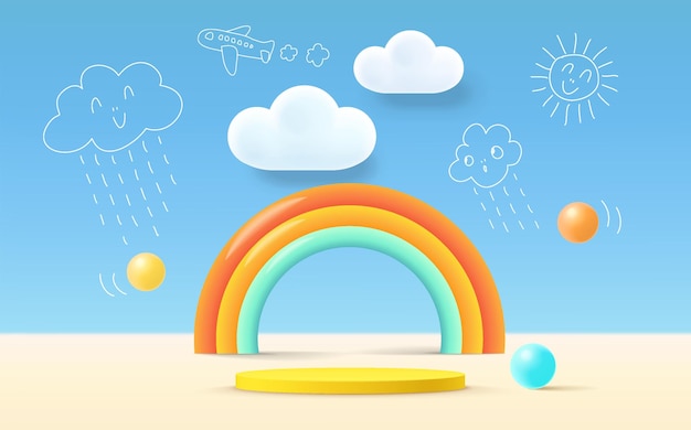 3D rendering podium kid style, colorful background, clouds and weather with empty space for kids or baby product