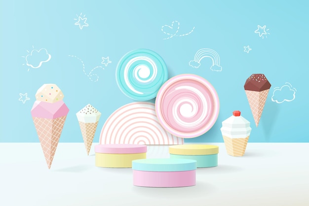 3D rendering podium kid style with colorful pastel background with space for kids or baby product