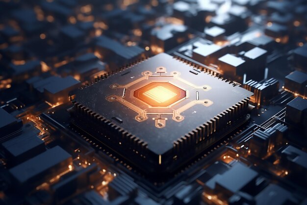 3d rendering Printed circuit board with a processor microchips and binary code