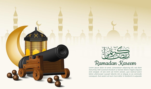 Rendering 3d saluto del ramadan con lanterna a mezzaluna e cannone