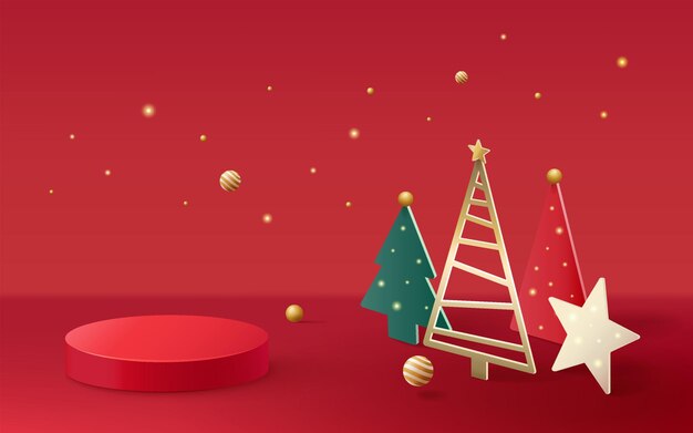 Vector 3d rendering scene of christmas holiday with display podium for mock up