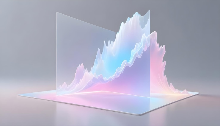 Vector 3d rendering of a translucent glass frame displaying a colorful abstract line graph the graph rises from a reflective surface suggesting growth and progress