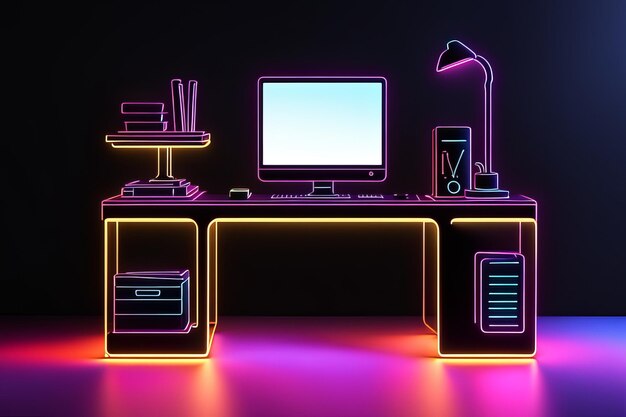 Vector 3d-rendering van desktop- en computertoetsenborden met neonlicht