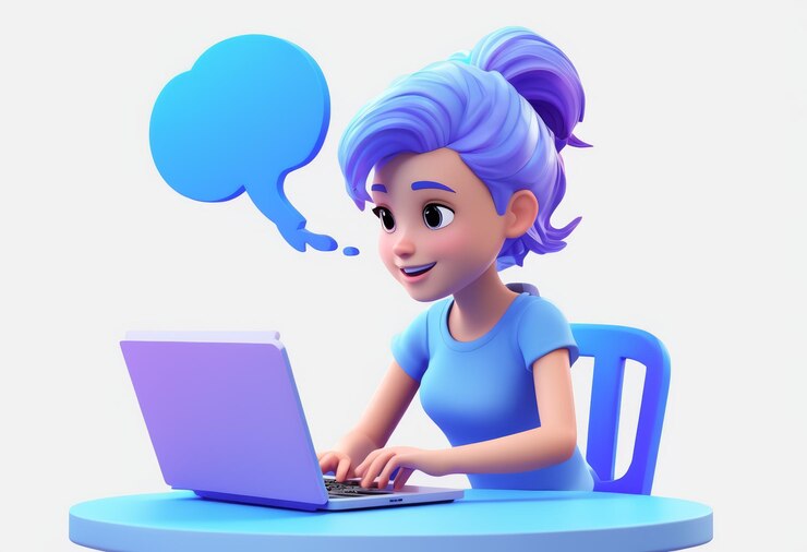 Vector 3d rendering of a woman wearing blue headphones with laptop and speech bubble on her head