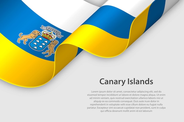 copyspace で白い背景に分離されたカナリア諸島スペイン自治コミュニティ フラグと 3 d リボン