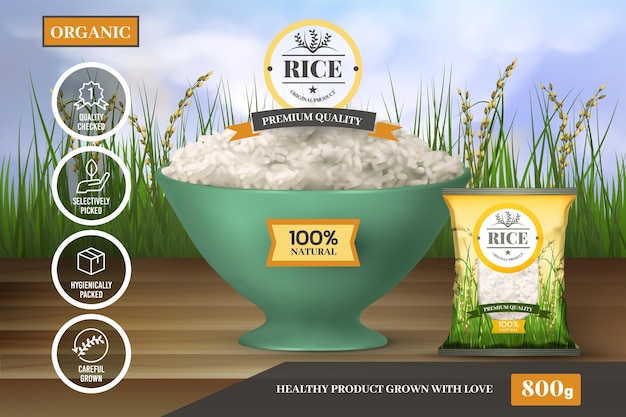 3D rice Cereal crop Natural Thailand package Sketch of basmat Vietnam food product Organic nature harvest Full bowl Agriculture landscape Vector exact advertising banner design