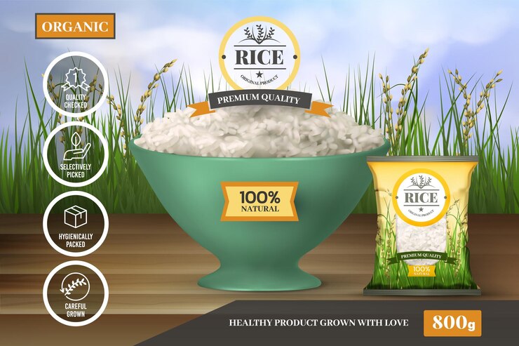 Vector 3d rice cereal crop natural thailand package sketch of basmat vietnam food product organic nature harvest full bowl agriculture landscape vector exact advertising banner design