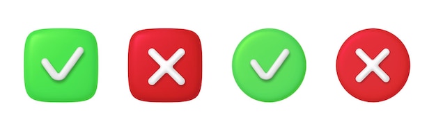 3D Right and Wrong Button in Round Shape Green Yes and Red No Correct Incorrect Sign Checkmark Tick Rejection Cancel Error Stop Negative Agreement Approval or Trust Symbol Vector Illustration