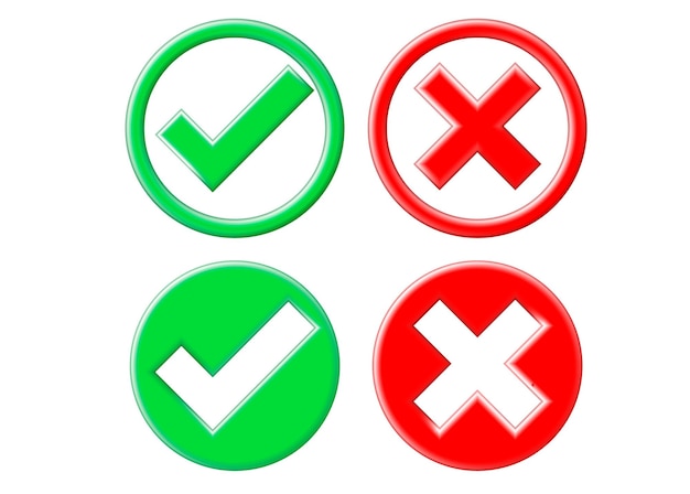 Vector 3d right and wrong button in round shape green yes and red no correct incorrect sign checkmark