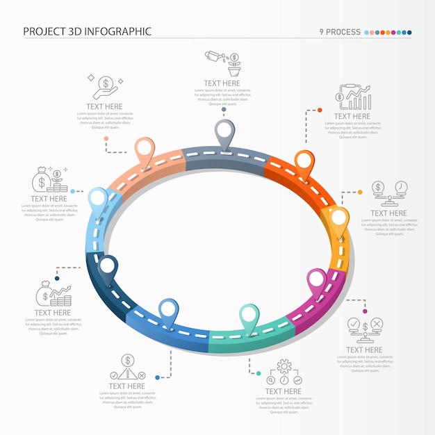 3D Roadway インフォグラフィック 9ステップのサークルとビジネスプロセスのステップのビジネスアイコン