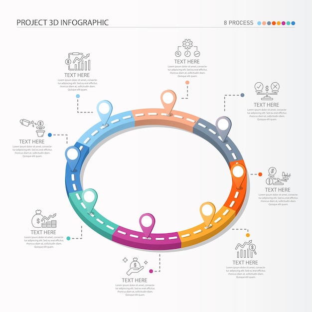 3D Roadway infographic cirkel van 8 stappen en zakelijke iconen voor zakelijke processtappen