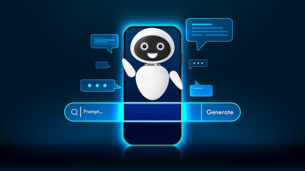 3d robot with a message bubble and a smartphone on futuristic background generative bar and ai assistant artificial intelligence chatbot technology and automation service vector illustration