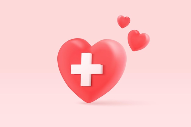 3d rood hart met plusteken pictogram in roze achtergrond hartslag of cardiogram voor gezonde levensstijl polsslag maatregel cardiale hulp medische gezondheidszorg 3d-hulp vectorpictogram render illustratie